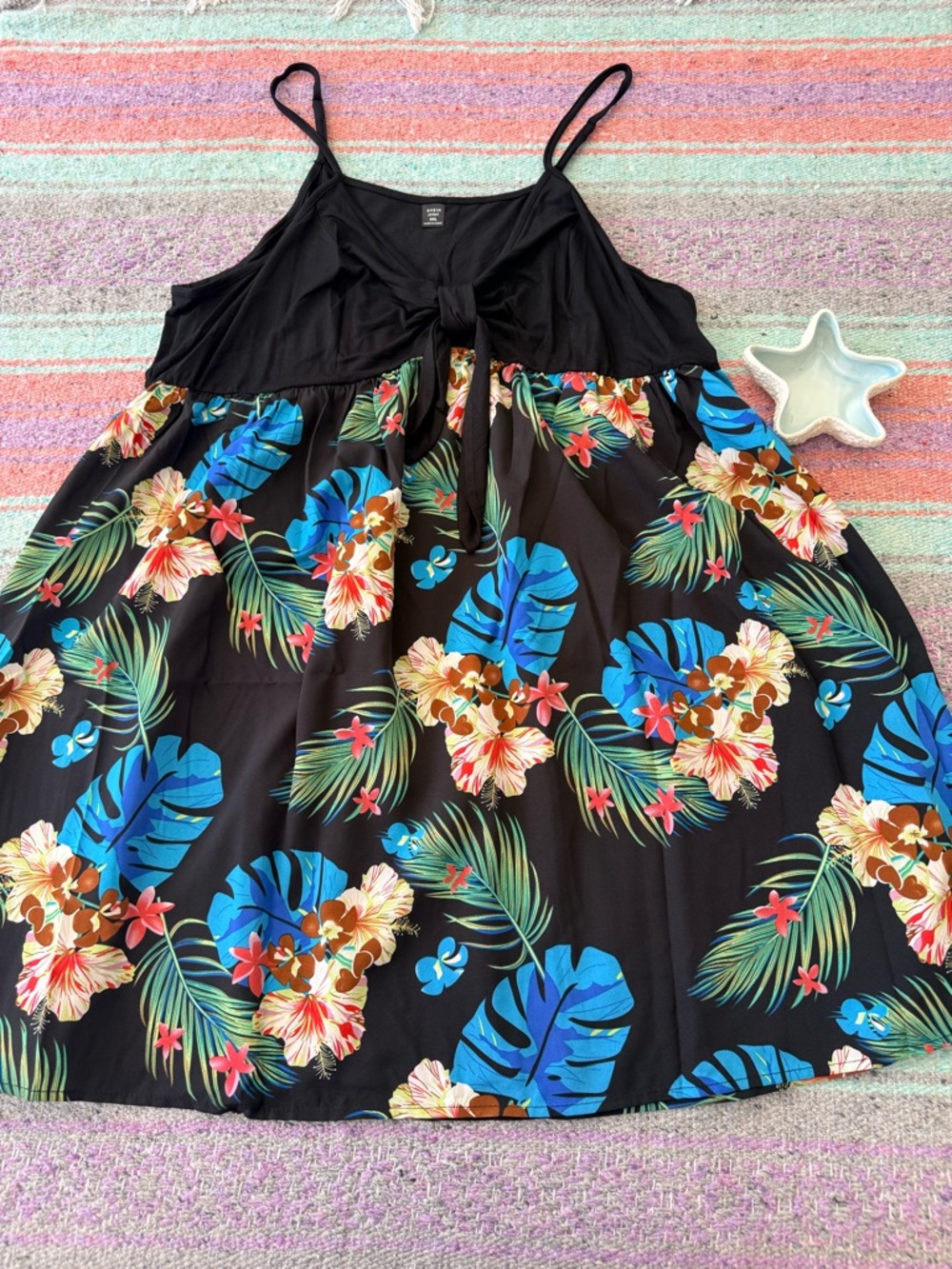 Shein Curve 4XL Tropical Floral Dress Black Tie Front Flowy Summer Plus